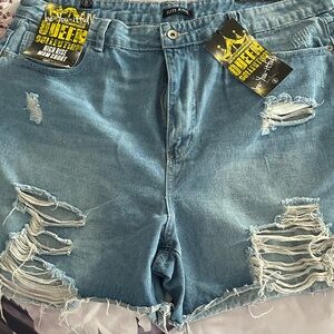 Distressed High Rise Blue Denim Shorts